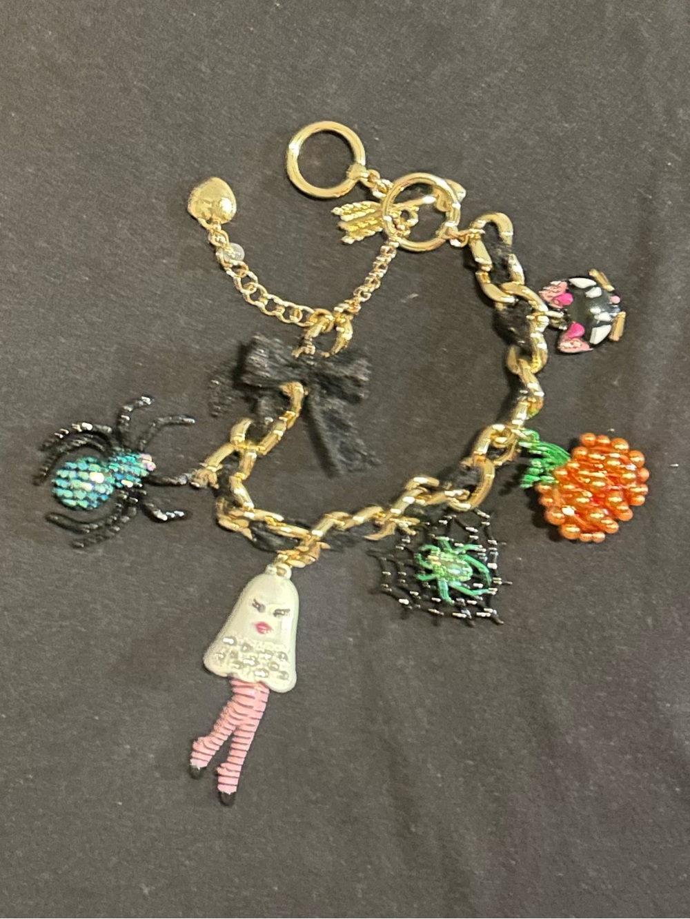 Gold-Tone Halloween Charm Bracelet with Orange & Green Accents